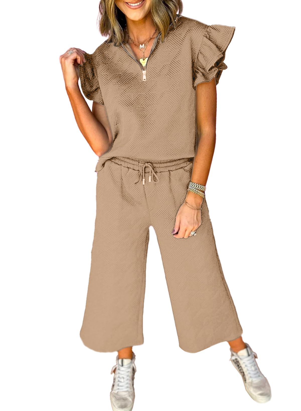 SHEWIN 2 Piece Sets Outfits for Women V Neck Collared Ruffle Short Sleeve Polo Shirts Quarter Zip Pullover Tops Lounge Set