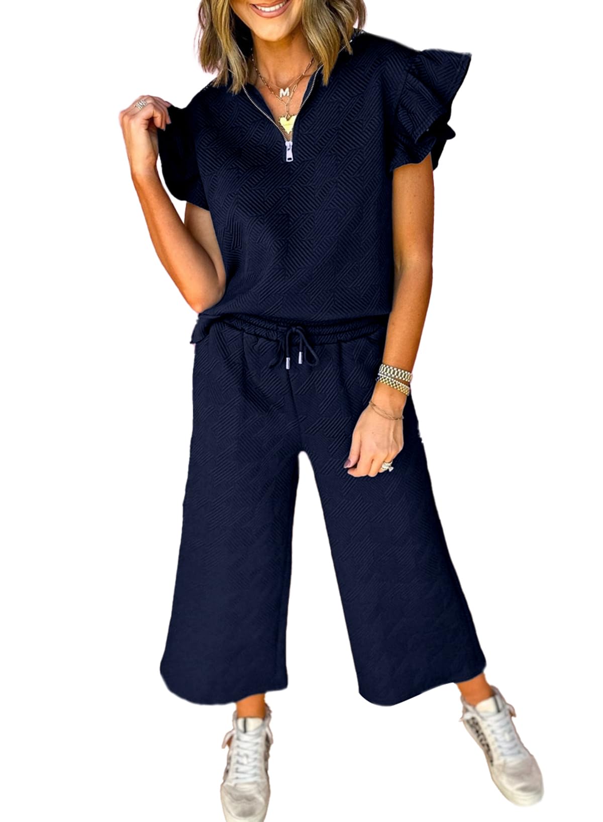 SHEWIN 2 Piece Sets Outfits for Women V Neck Collared Ruffle Short Sleeve Polo Shirts Quarter Zip Pullover Tops Lounge Set