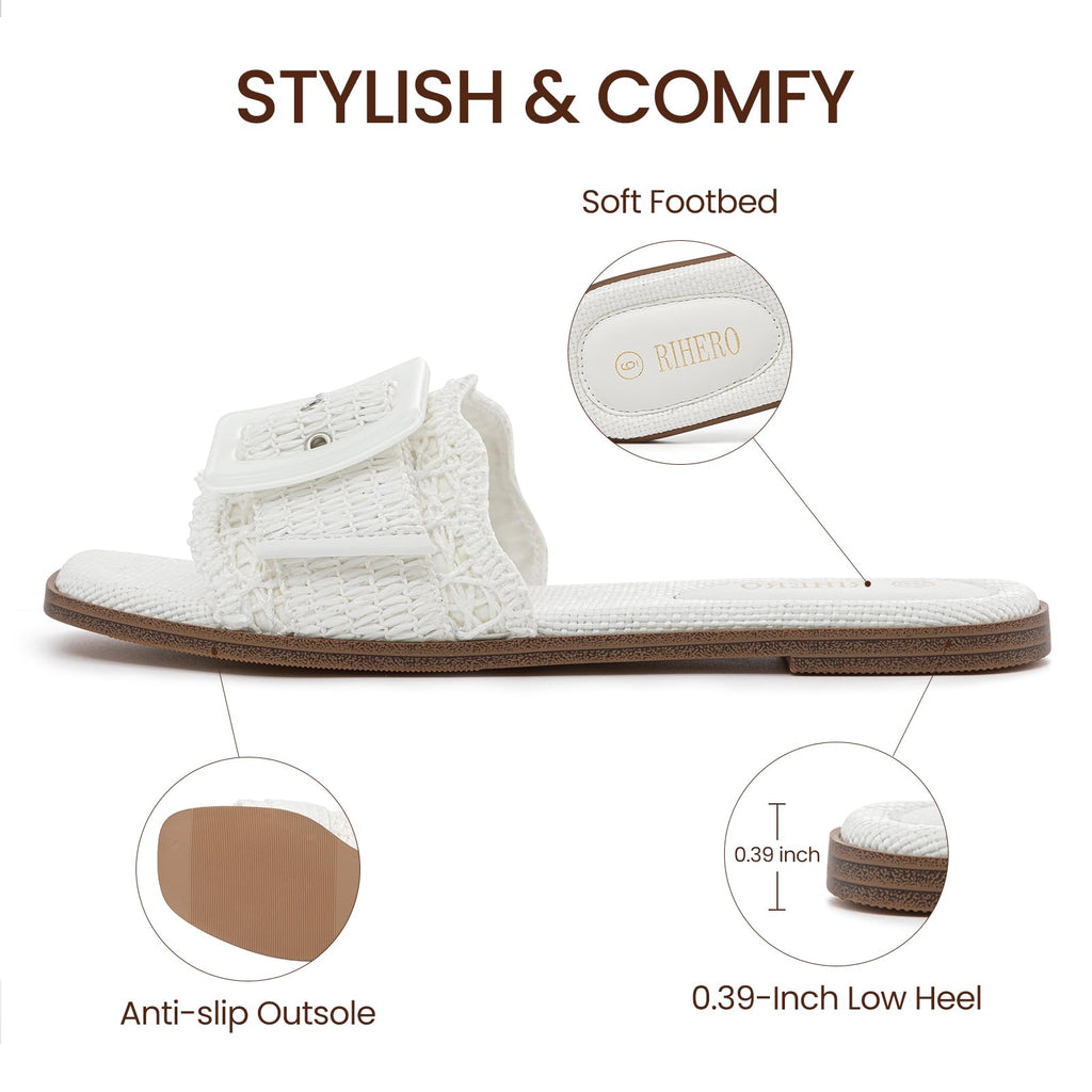 Rihero Women's Raffia Flat Sandals Square Open Toe Summer Beach Slip On Woven Buckle Slide Sandals