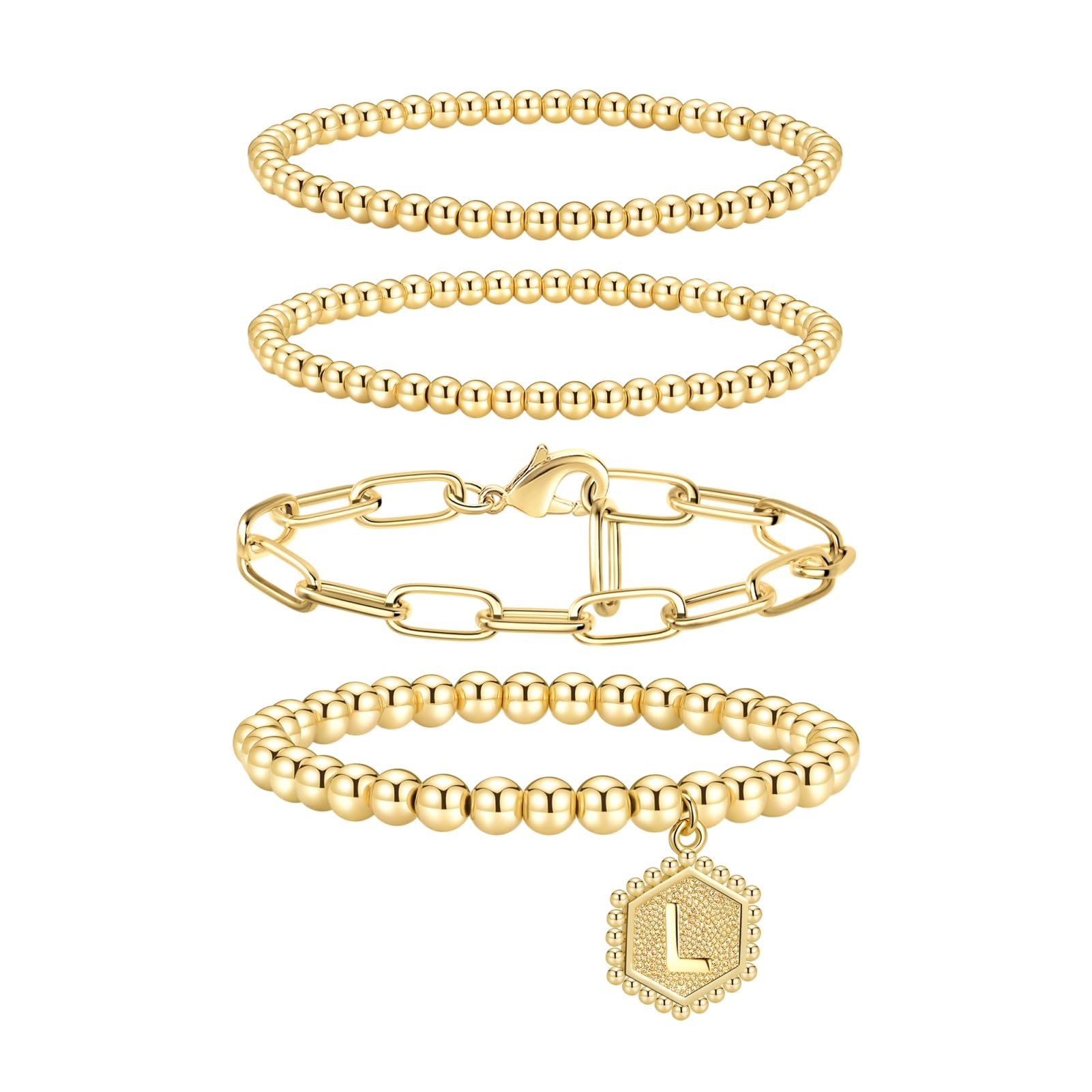 doubgood Gold Bracelets for Women, 14K Gold Plated Stackable Initial Beaded Bracelet with Letter Pendant Waterproof Stretch Trendy Stack Jewelry Set Gifts for Mom Christmas