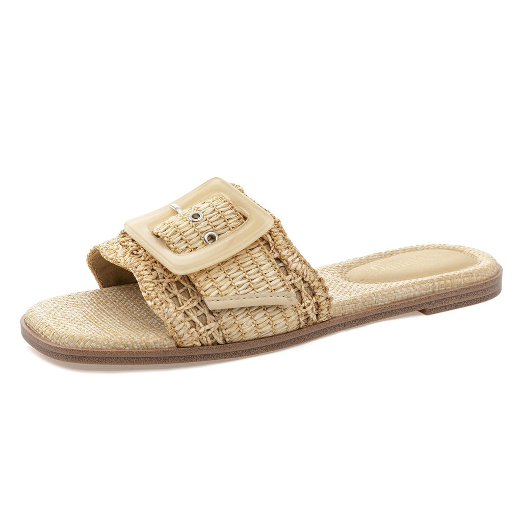 Rihero Women's Raffia Flat Sandals Square Open Toe Summer Beach Slip On Woven Buckle Slide Sandals