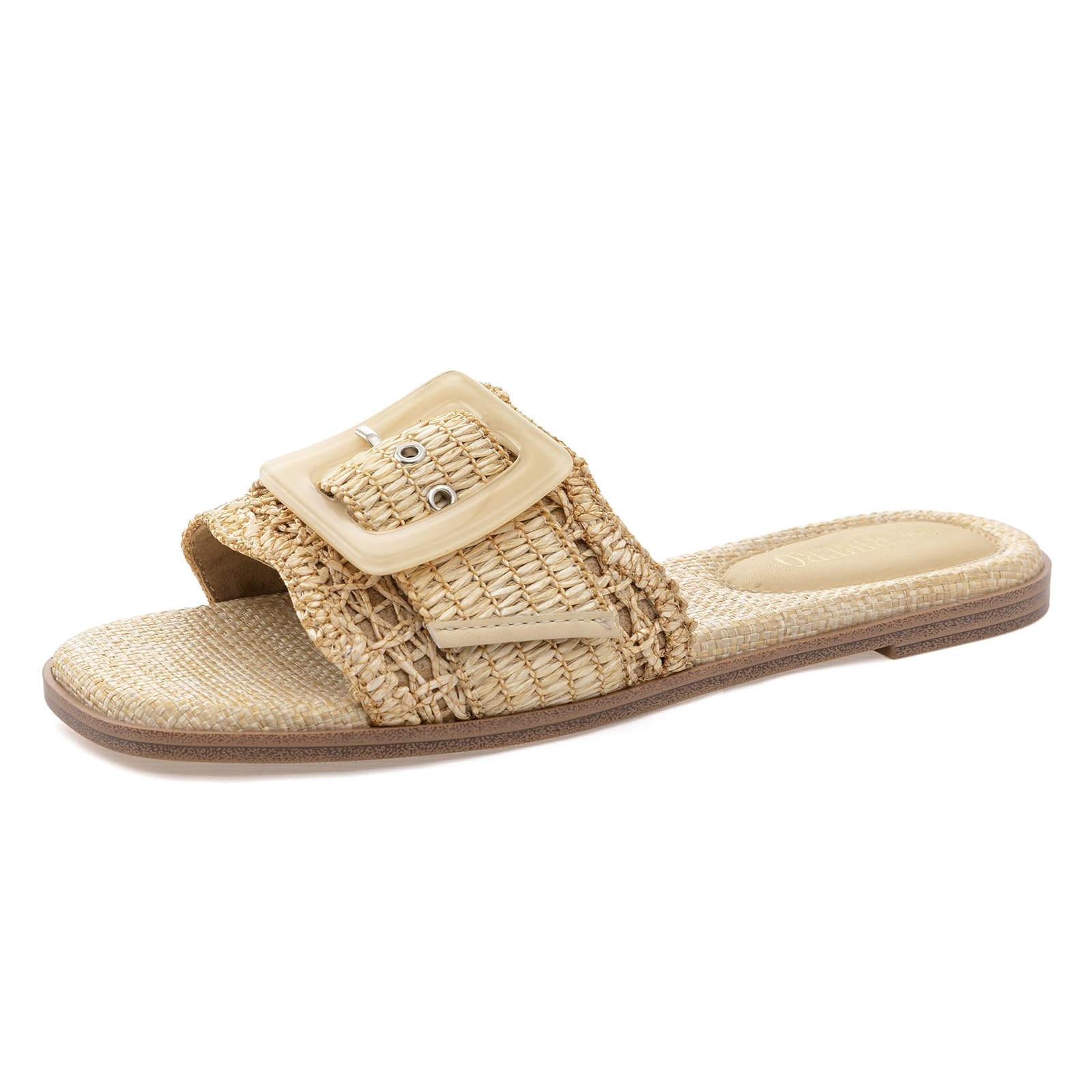Rihero Women's Raffia Flat Sandals Square Open Toe Summer Beach Slip On Woven Buckle Slide Sandals