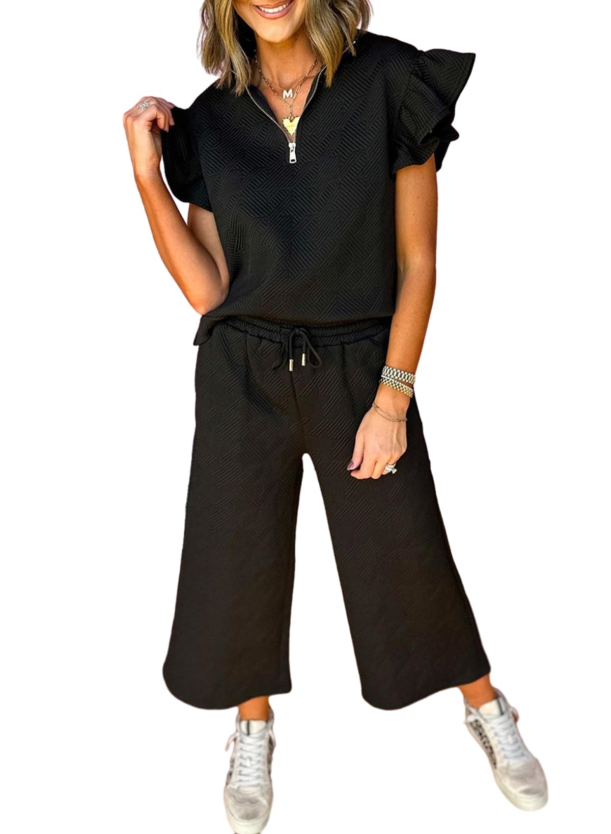 SHEWIN 2 Piece Sets Outfits for Women V Neck Collared Ruffle Short Sleeve Polo Shirts Quarter Zip Pullover Tops Lounge Set