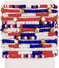 Pingyongchang 4th of July Beaded Stretch Bracelets for Women Men American Patriotic Multilayer Bangle Stackable Red White Blue Star Bracelet Independence Boho Summer Beach Memorial Day Gifts