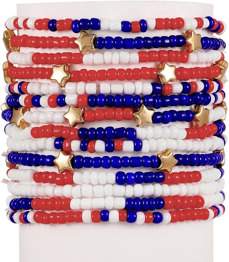 Pingyongchang 4th of July Beaded Stretch Bracelets for Women Men American Patriotic Multilayer Bangle Stackable Red White Blue Star Bracelet Independence Boho Summer Beach Memorial Day Gifts