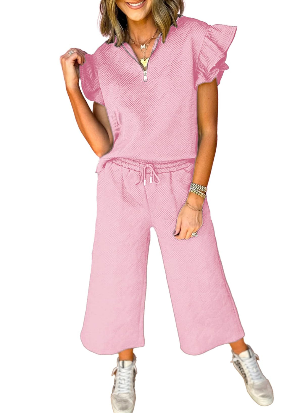 SHEWIN 2 Piece Sets Outfits for Women V Neck Collared Ruffle Short Sleeve Polo Shirts Quarter Zip Pullover Tops Lounge Set
