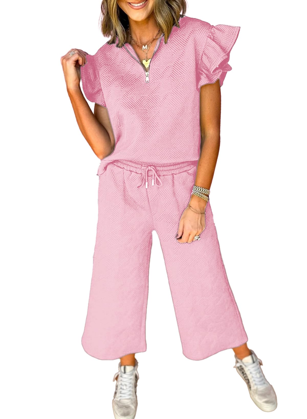 SHEWIN 2 Piece Sets Outfits for Women V Neck Collared Ruffle Short Sleeve Polo Shirts Quarter Zip Pullover Tops Lounge Set