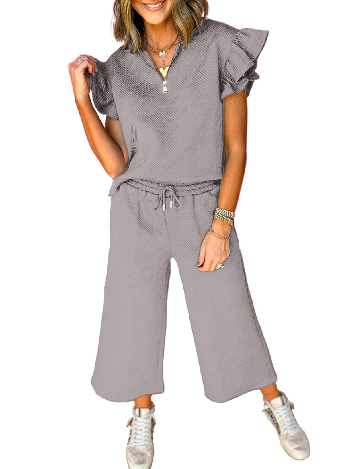 SHEWIN 2 Piece Sets Outfits for Women V Neck Collared Ruffle Short Sleeve Polo Shirts Quarter Zip Pullover Tops Lounge Set