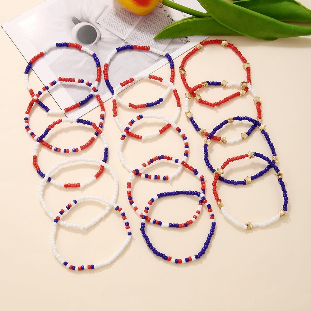 Pingyongchang 4th of July Beaded Stretch Bracelets for Women Men American Patriotic Multilayer Bangle Stackable Red White Blue Star Bracelet Independence Boho Summer Beach Memorial Day Gifts