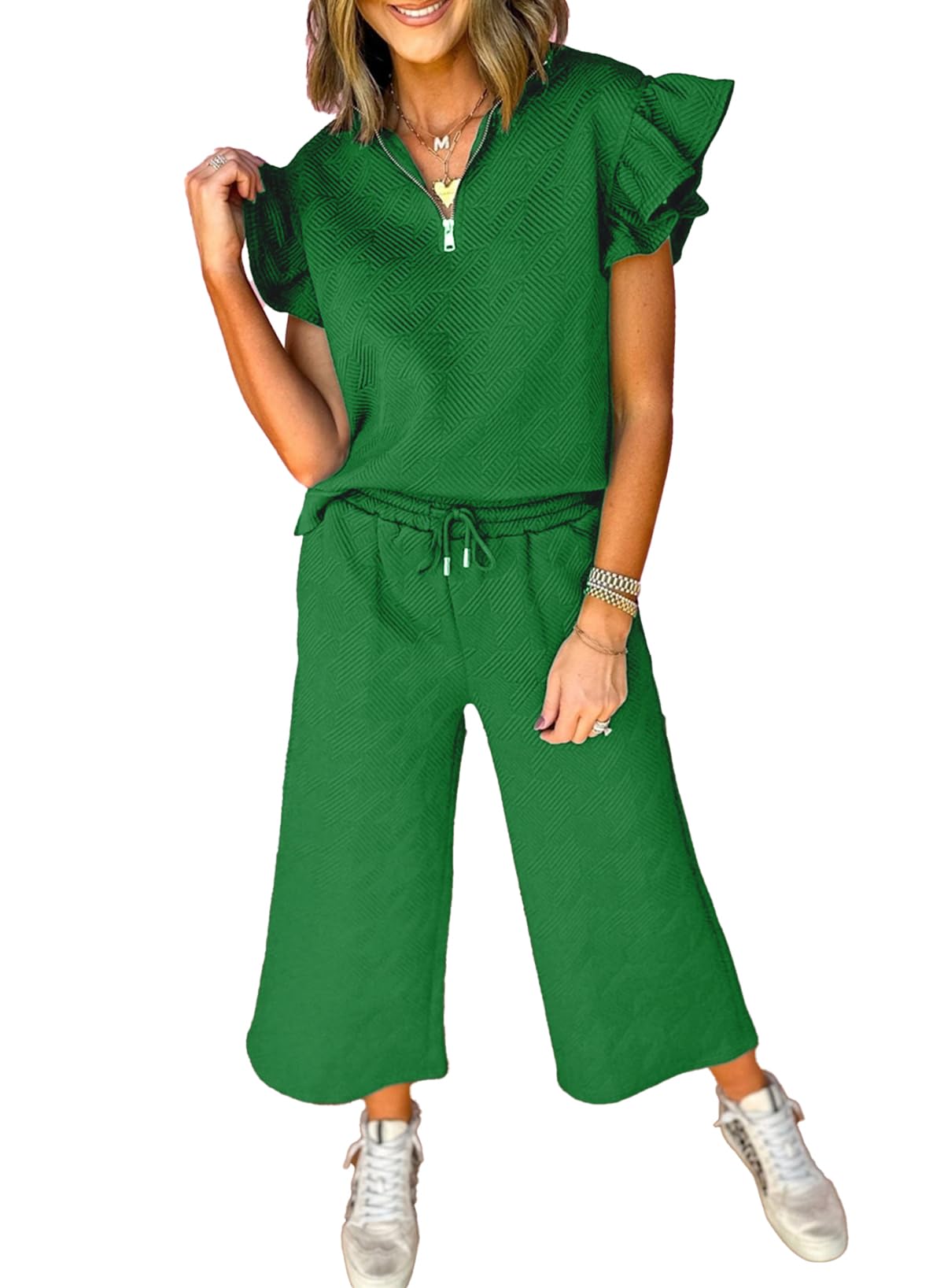 SHEWIN 2 Piece Sets Outfits for Women V Neck Collared Ruffle Short Sleeve Polo Shirts Quarter Zip Pullover Tops Lounge Set