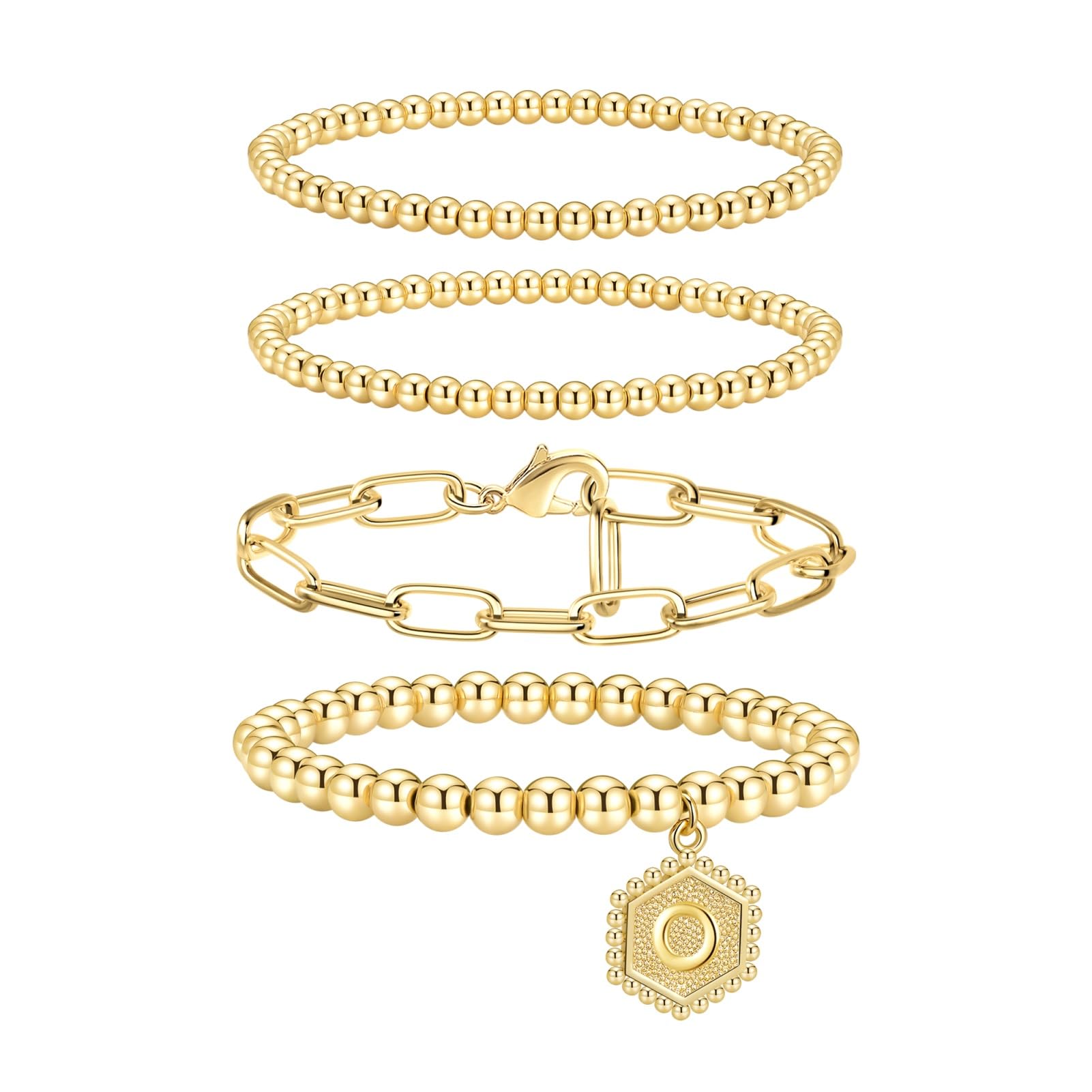 doubgood Gold Bracelets for Women, 14K Gold Plated Stackable Initial Beaded Bracelet with Letter Pendant Waterproof Stretch Trendy Stack Jewelry Set Gifts for Mom Christmas