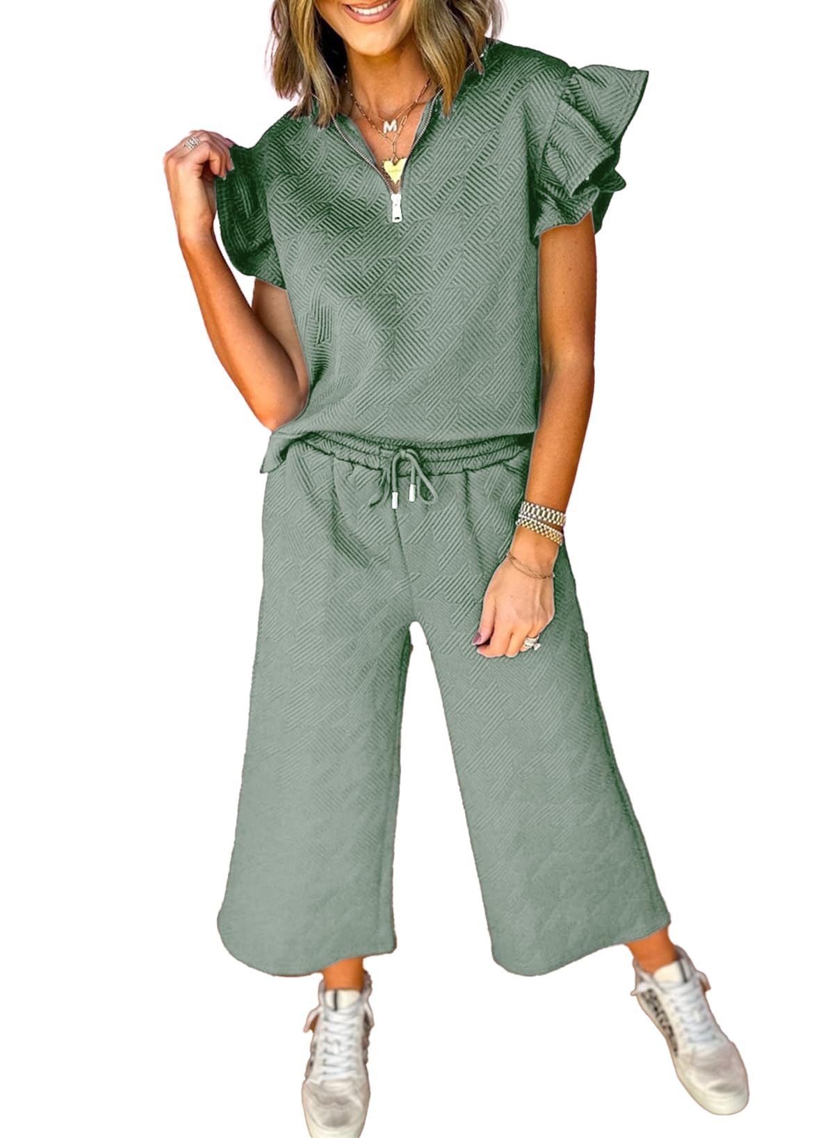 SHEWIN 2 Piece Sets Outfits for Women V Neck Collared Ruffle Short Sleeve Polo Shirts Quarter Zip Pullover Tops Lounge Set