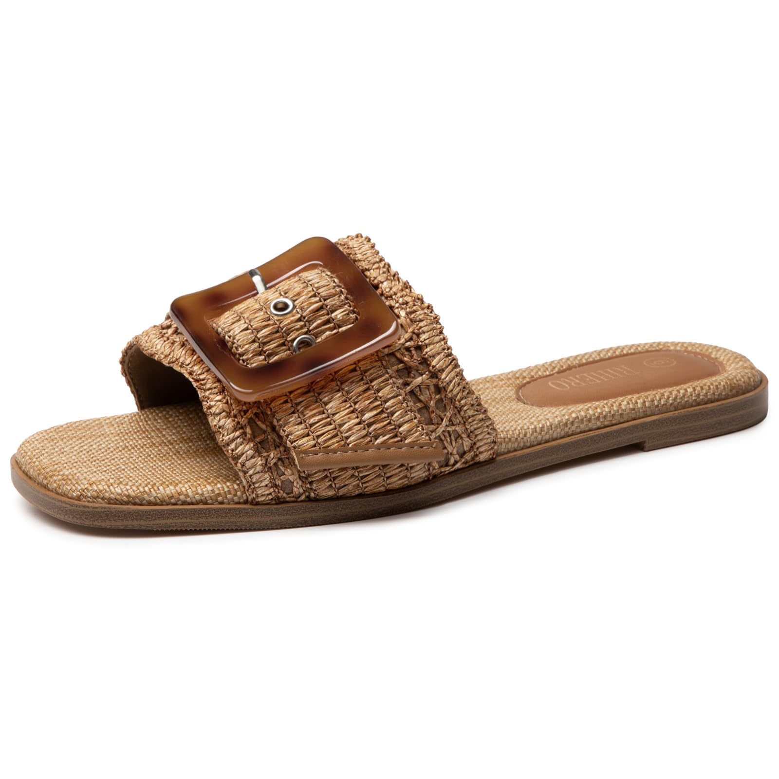 Rihero Women's Raffia Flat Sandals Square Open Toe Summer Beach Slip On Woven Buckle Slide Sandals