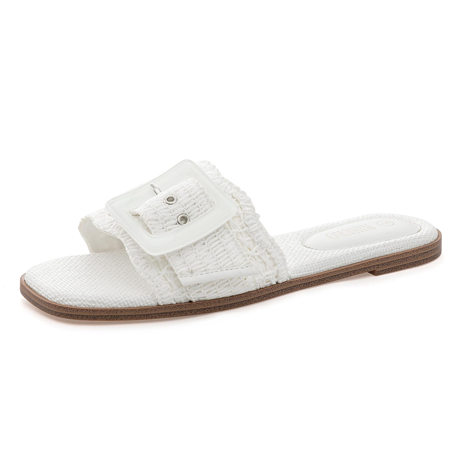Rihero Women's Raffia Flat Sandals Square Open Toe Summer Beach Slip On Woven Buckle Slide Sandals