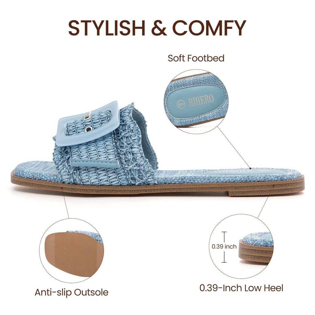 Rihero Women's Raffia Flat Sandals Square Open Toe Summer Beach Slip On Woven Buckle Slide Sandals