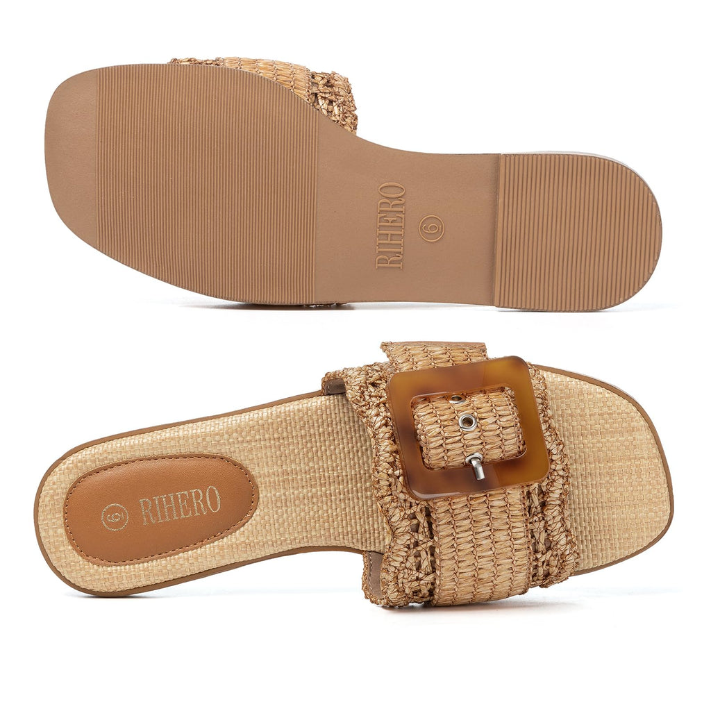 Rihero Women's Raffia Flat Sandals Square Open Toe Summer Beach Slip On Woven Buckle Slide Sandals