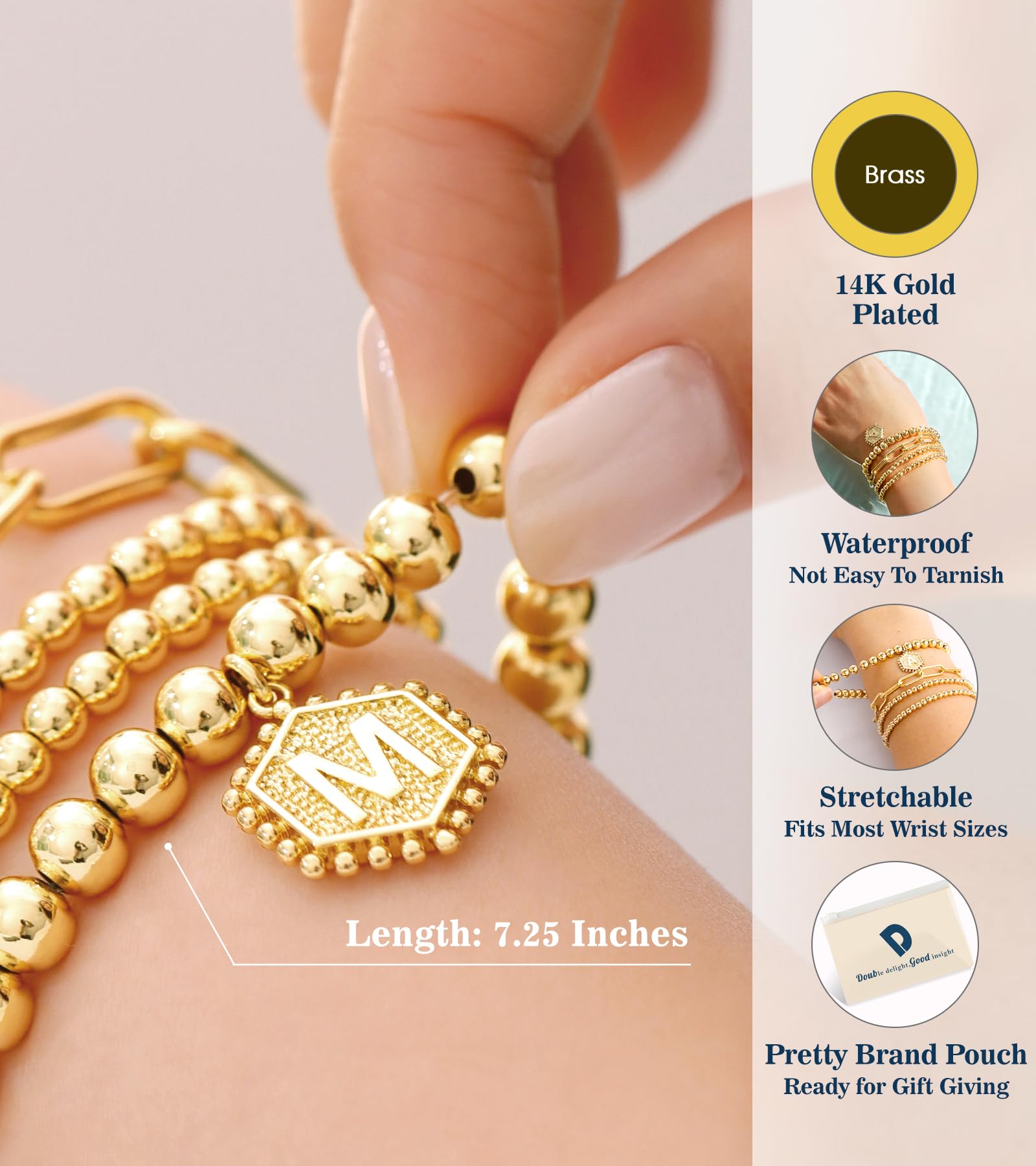 doubgood Gold Bracelets for Women, 14K Gold Plated Stackable Initial Beaded Bracelet with Letter Pendant Waterproof Stretch Trendy Stack Jewelry Set Gifts for Mom Christmas