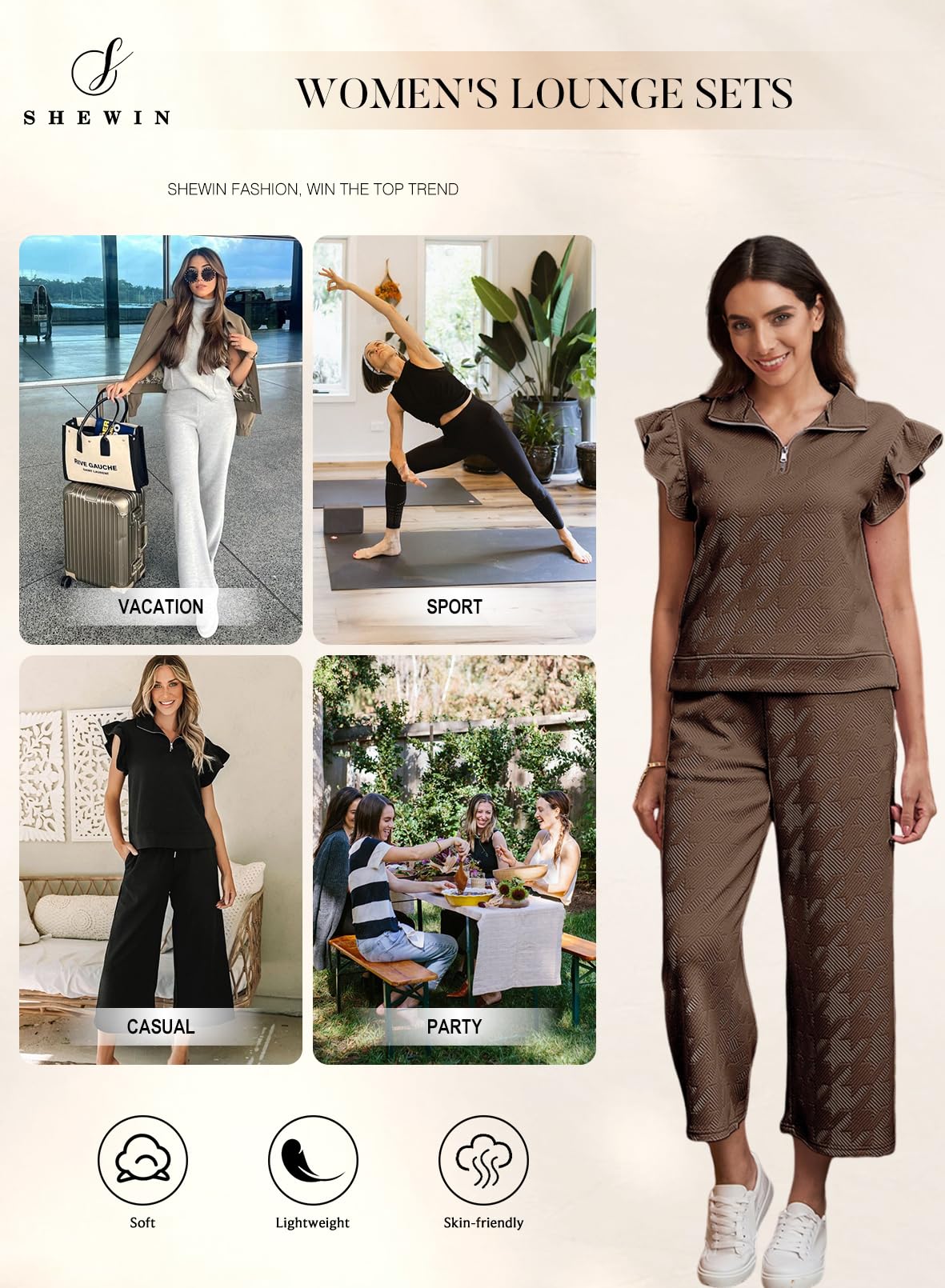 SHEWIN 2 Piece Sets Outfits for Women V Neck Collared Ruffle Short Sleeve Polo Shirts Quarter Zip Pullover Tops Lounge Set