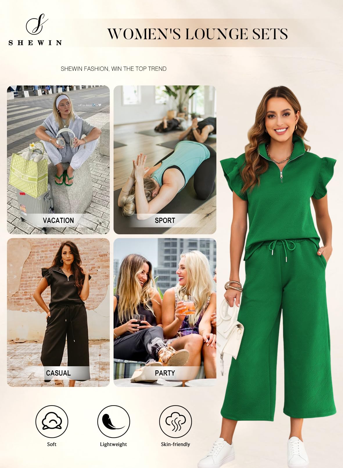 SHEWIN 2 Piece Sets Outfits for Women V Neck Collared Ruffle Short Sleeve Polo Shirts Quarter Zip Pullover Tops Lounge Set
