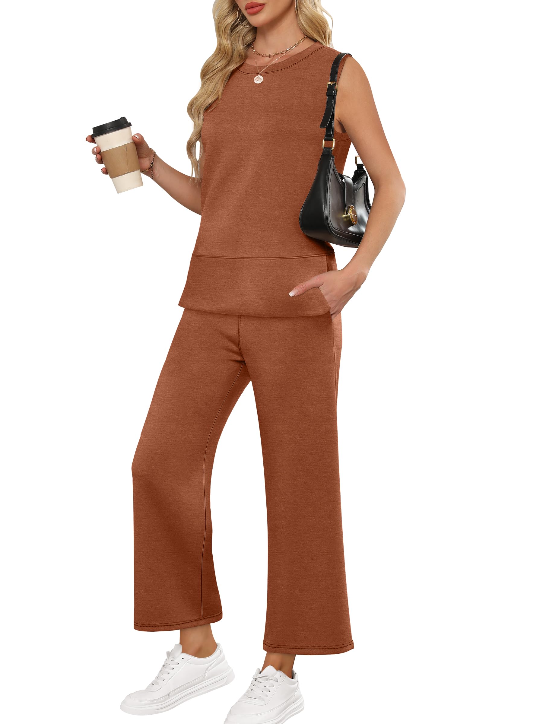 ANRABESS Womens 2 Piece Outfits Summer Beach Vacation Clothes Spring Travel Airport Casual Wide Leg Pants Lounge Sets