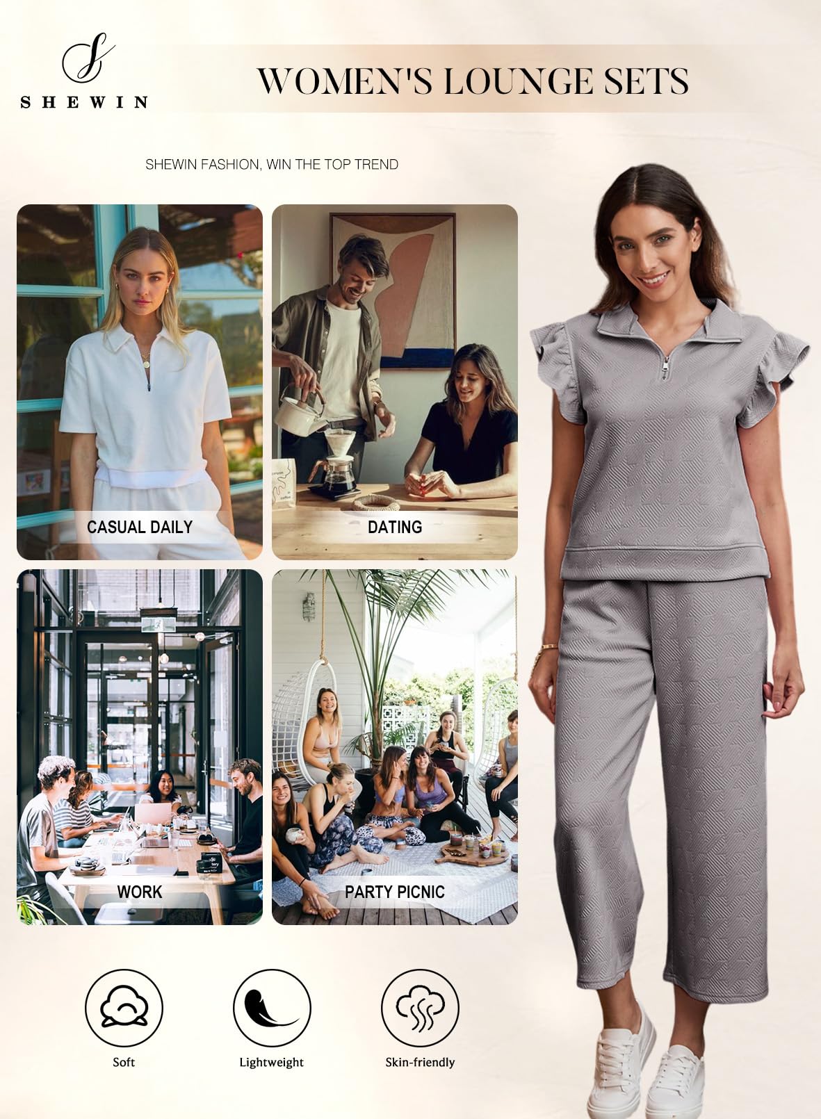 SHEWIN 2 Piece Sets Outfits for Women V Neck Collared Ruffle Short Sleeve Polo Shirts Quarter Zip Pullover Tops Lounge Set
