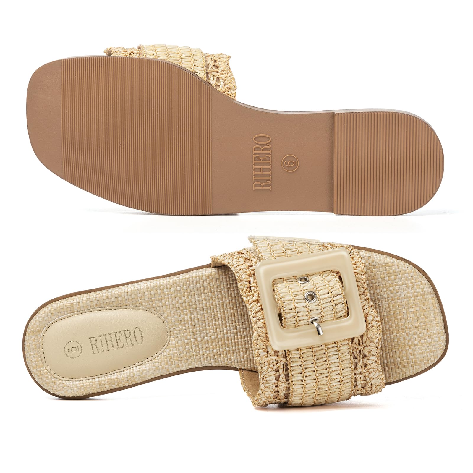 Rihero Women's Raffia Flat Sandals Square Open Toe Summer Beach Slip On Woven Buckle Slide Sandals