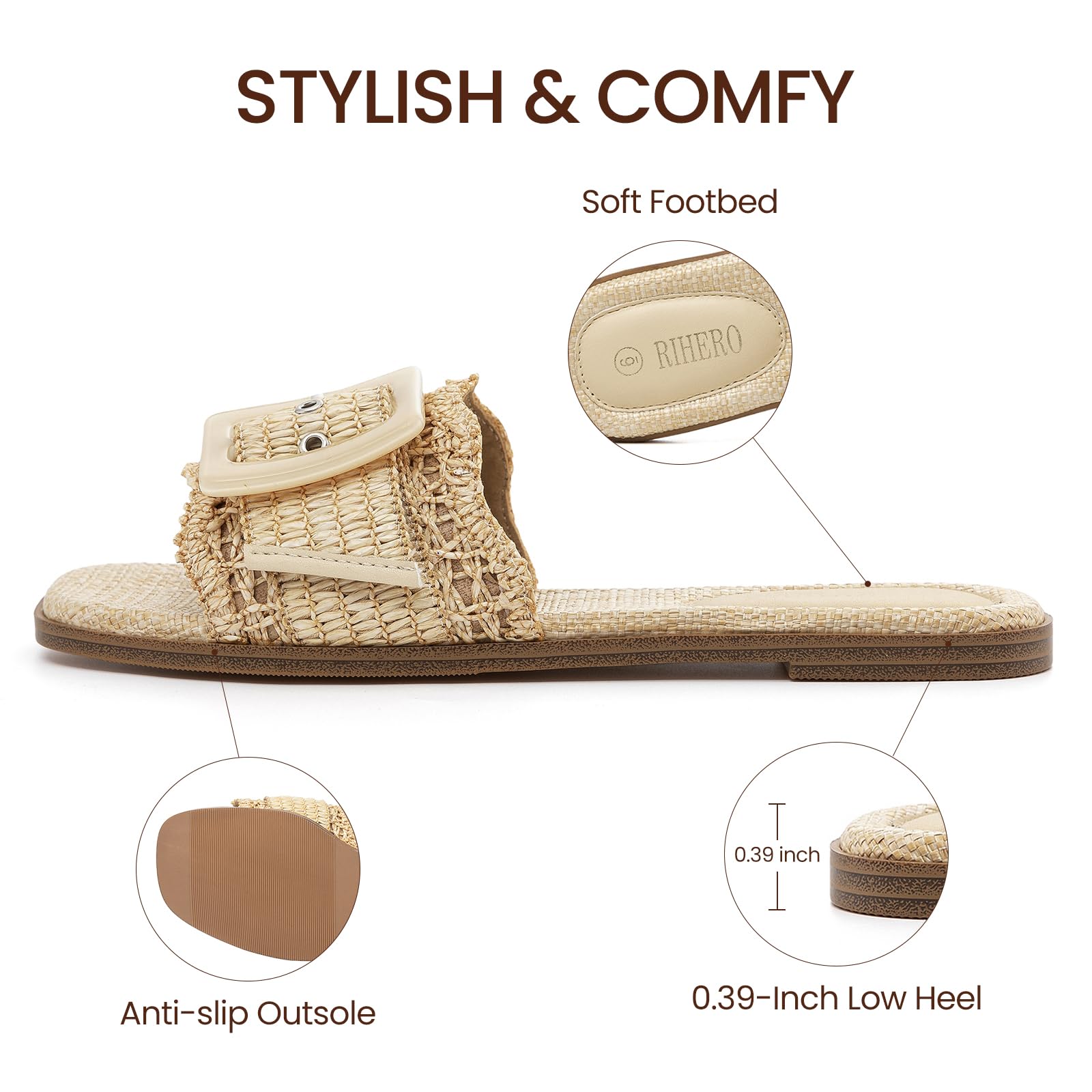 Rihero Women's Raffia Flat Sandals Square Open Toe Summer Beach Slip On Woven Buckle Slide Sandals