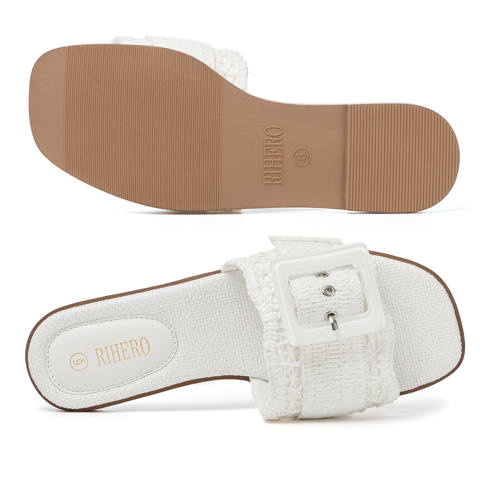 Rihero Women's Raffia Flat Sandals Square Open Toe Summer Beach Slip On Woven Buckle Slide Sandals