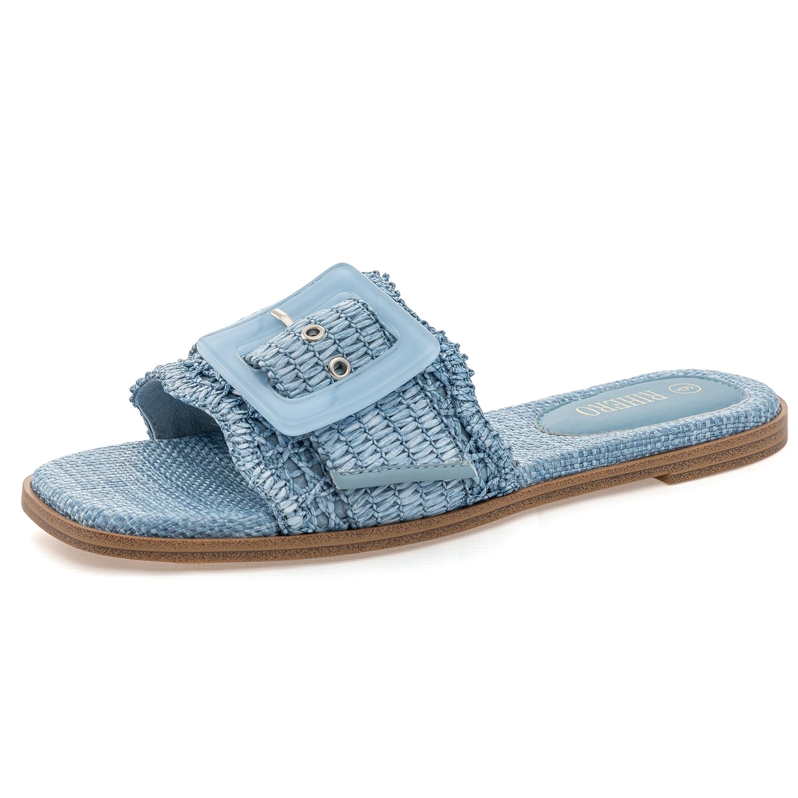 Rihero Women's Raffia Flat Sandals Square Open Toe Summer Beach Slip On Woven Buckle Slide Sandals