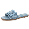 Rihero Women's Raffia Flat Sandals Square Open Toe Summer Beach Slip On Woven Buckle Slide Sandals