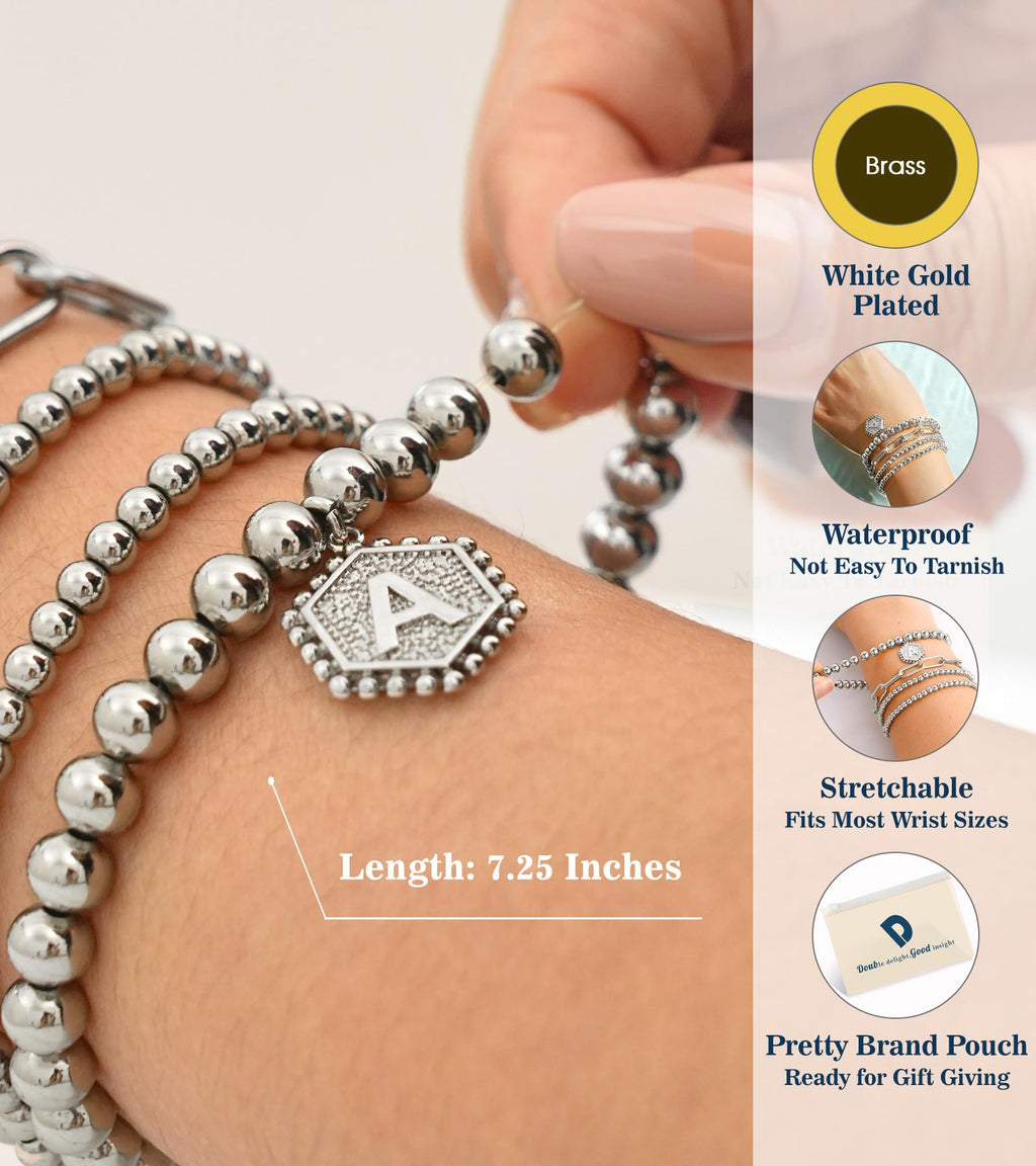 doubgood Gold Bracelets for Women, 14K Gold Plated Stackable Initial Beaded Bracelet with Letter Pendant Waterproof Stretch Trendy Stack Jewelry Set Gifts for Mom Christmas