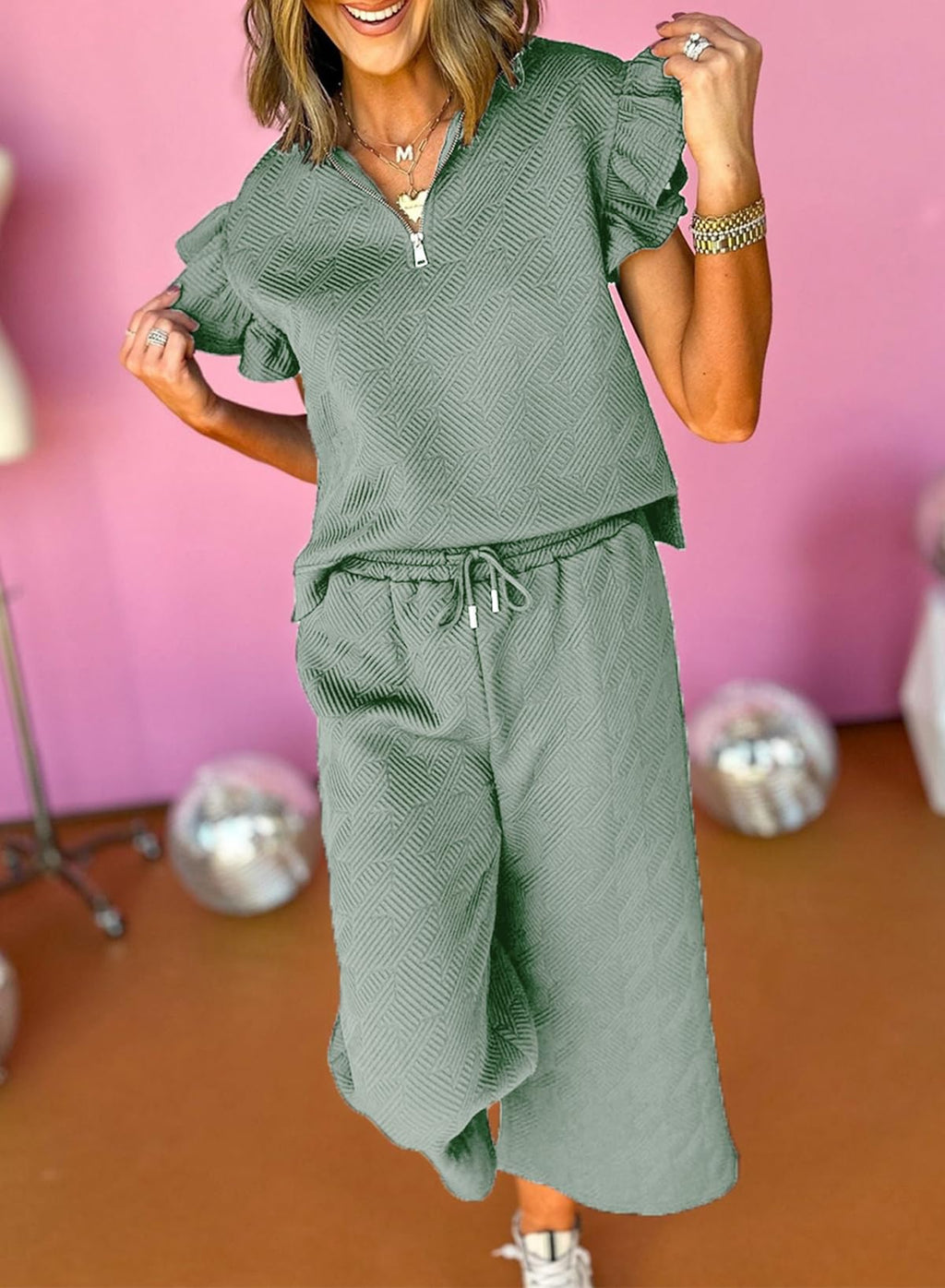SHEWIN 2 Piece Sets Outfits for Women V Neck Collared Ruffle Short Sleeve Polo Shirts Quarter Zip Pullover Tops Lounge Set