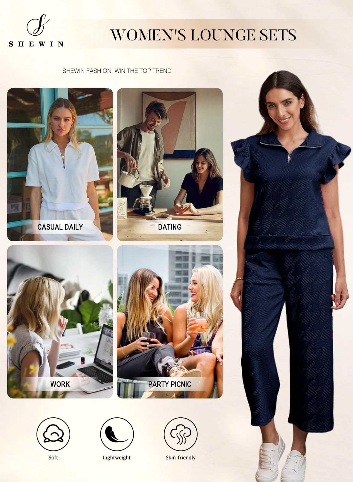 SHEWIN 2 Piece Sets Outfits for Women V Neck Collared Ruffle Short Sleeve Polo Shirts Quarter Zip Pullover Tops Lounge Set