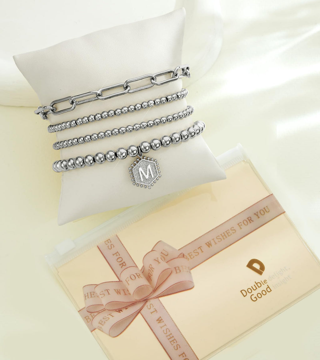 doubgood Gold Bracelets for Women, 14K Gold Plated Stackable Initial Beaded Bracelet with Letter Pendant Waterproof Stretch Trendy Stack Jewelry Set Gifts for Mom Christmas