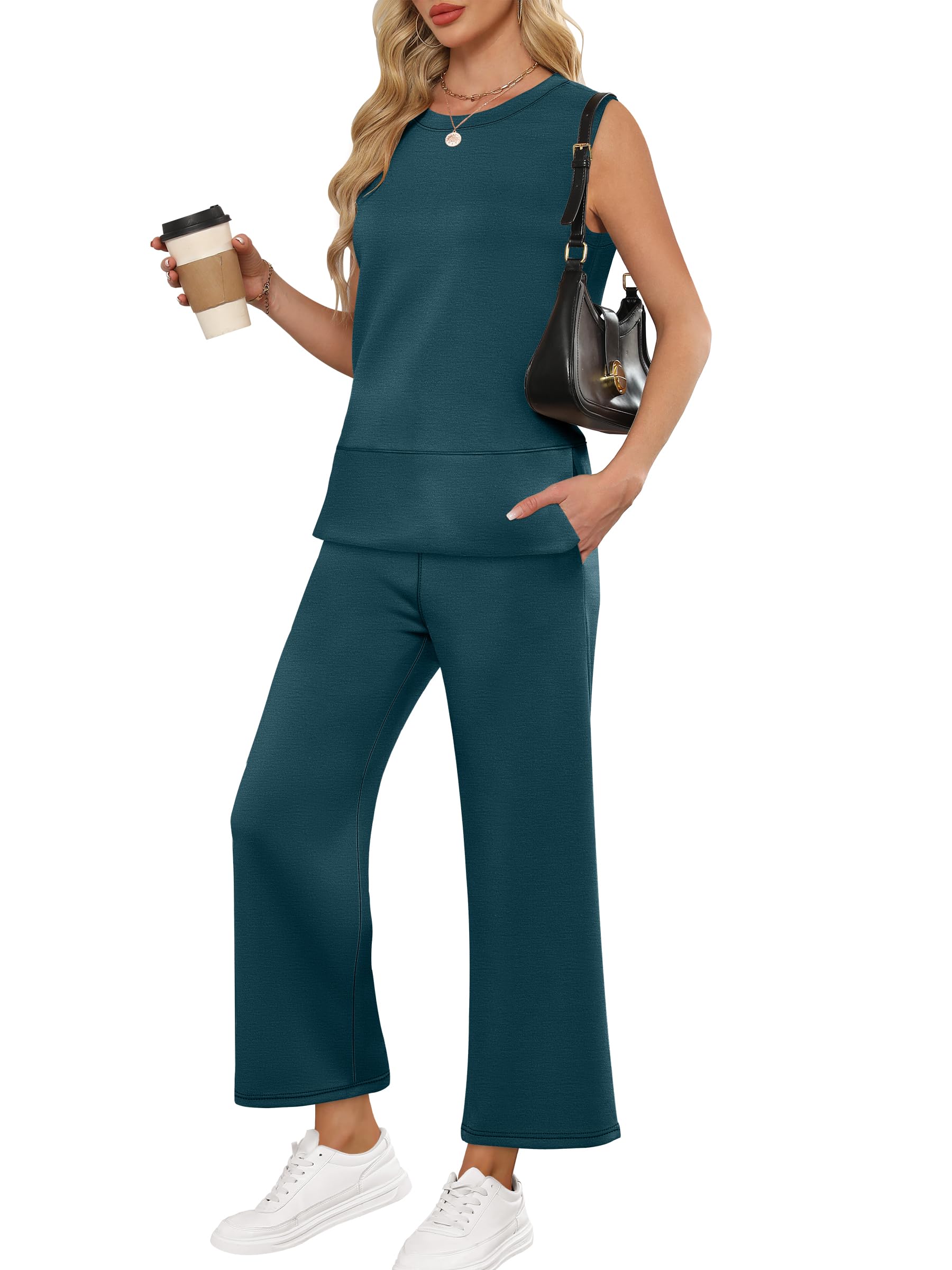 ANRABESS Womens 2 Piece Outfits Summer Beach Vacation Clothes Spring Travel Airport Casual Wide Leg Pants Lounge Sets
