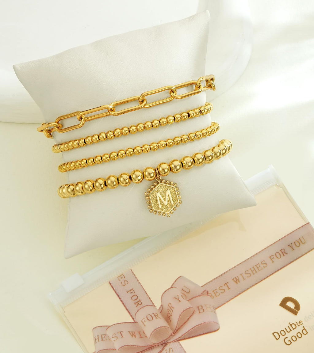 doubgood Gold Bracelets for Women, 14K Gold Plated Stackable Initial Beaded Bracelet with Letter Pendant Waterproof Stretch Trendy Stack Jewelry Set Gifts for Mom Christmas