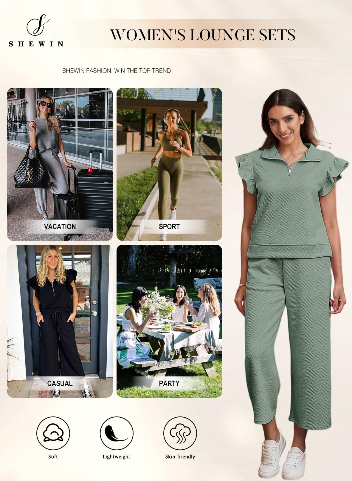 SHEWIN 2 Piece Sets Outfits for Women V Neck Collared Ruffle Short Sleeve Polo Shirts Quarter Zip Pullover Tops Lounge Set