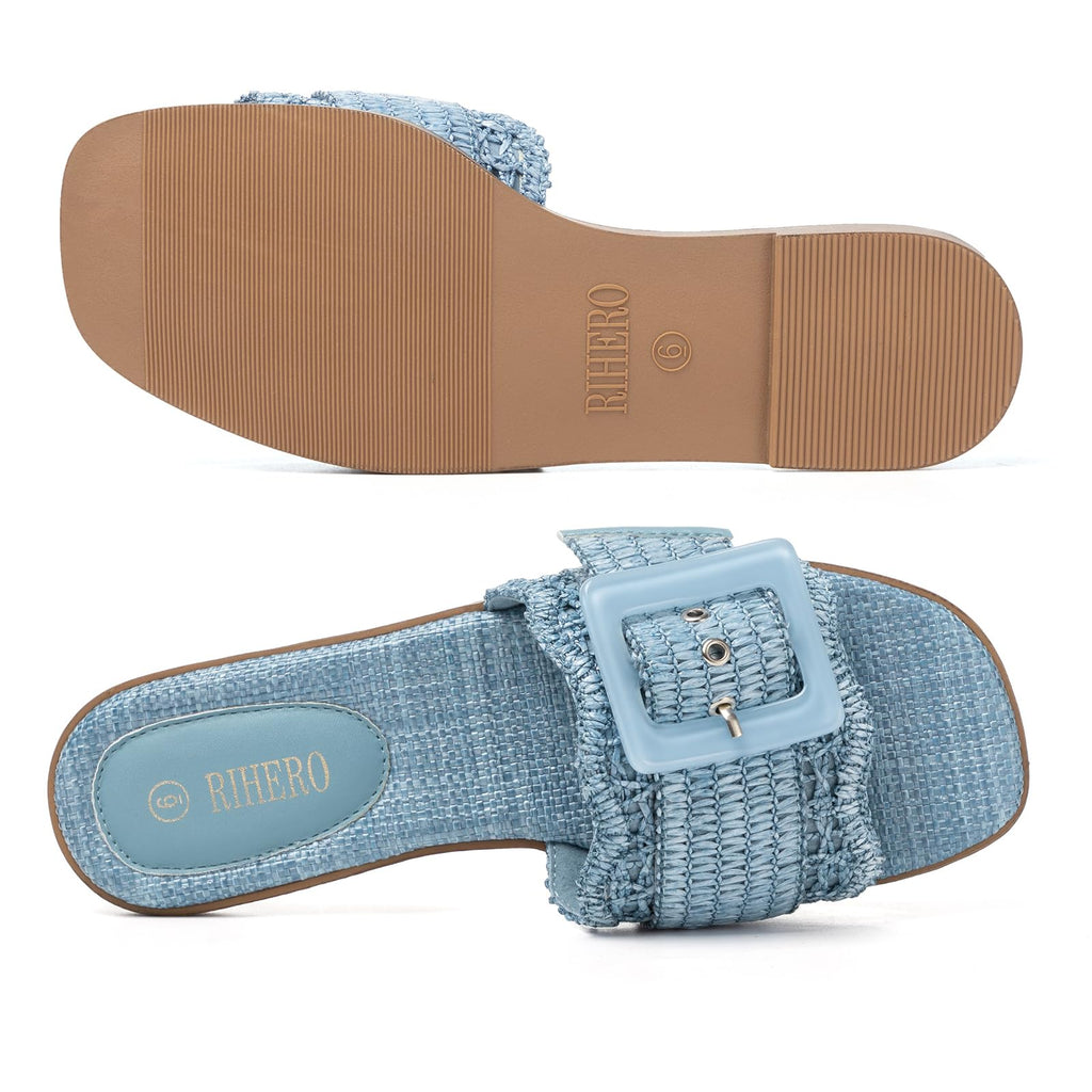Rihero Women's Raffia Flat Sandals Square Open Toe Summer Beach Slip On Woven Buckle Slide Sandals