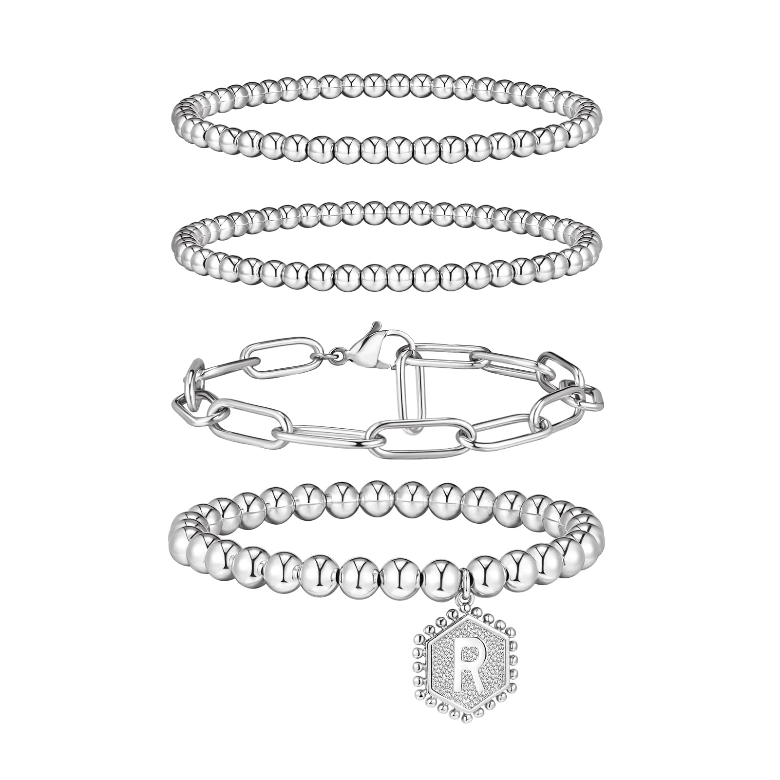 doubgood Gold Bracelets for Women, 14K Gold Plated Stackable Initial Beaded Bracelet with Letter Pendant Waterproof Stretch Trendy Stack Jewelry Set Gifts for Mom Christmas