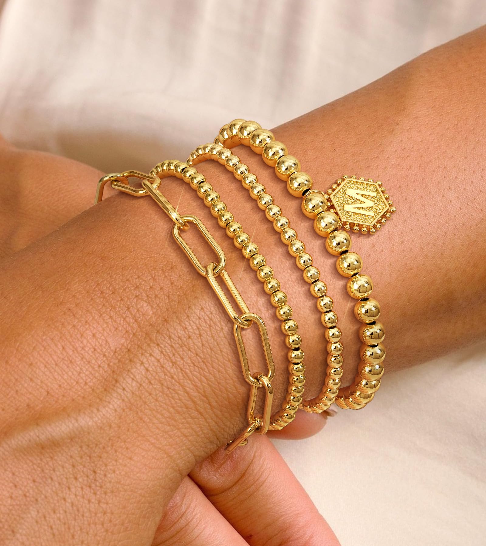 doubgood Gold Bracelets for Women, 14K Gold Plated Stackable Initial Beaded Bracelet with Letter Pendant Waterproof Stretch Trendy Stack Jewelry Set Gifts for Mom Christmas