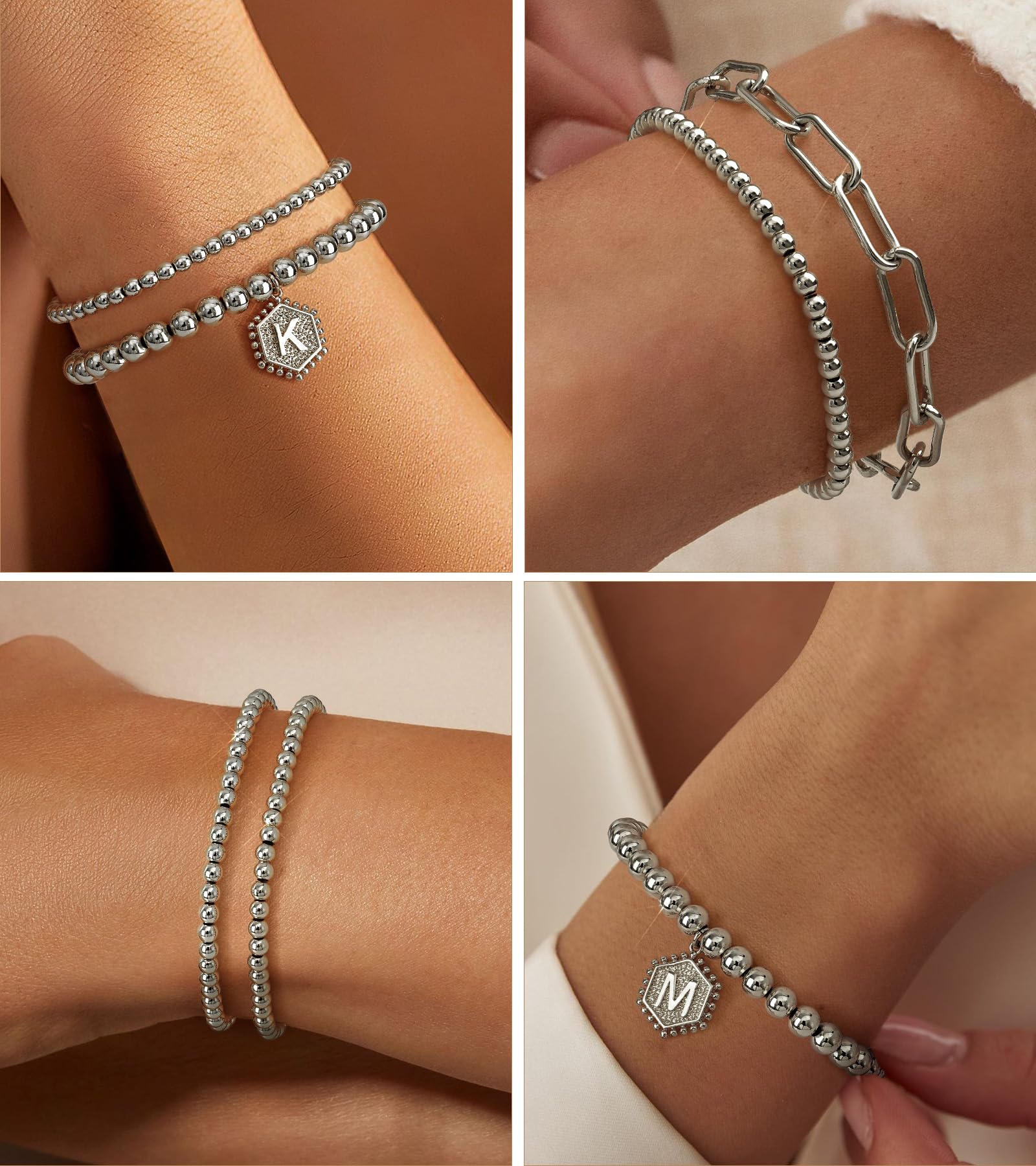 doubgood Gold Bracelets for Women, 14K Gold Plated Stackable Initial Beaded Bracelet with Letter Pendant Waterproof Stretch Trendy Stack Jewelry Set Gifts for Mom Christmas
