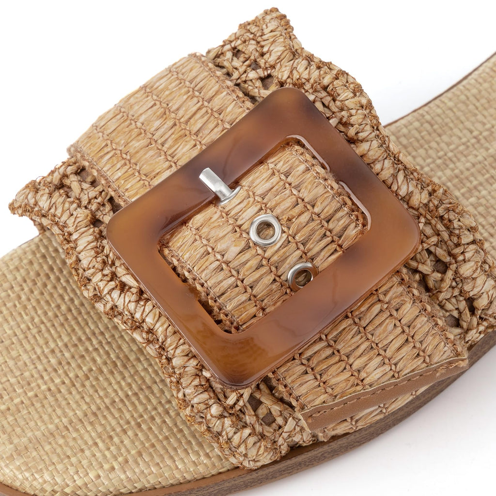 Rihero Women's Raffia Flat Sandals Square Open Toe Summer Beach Slip On Woven Buckle Slide Sandals