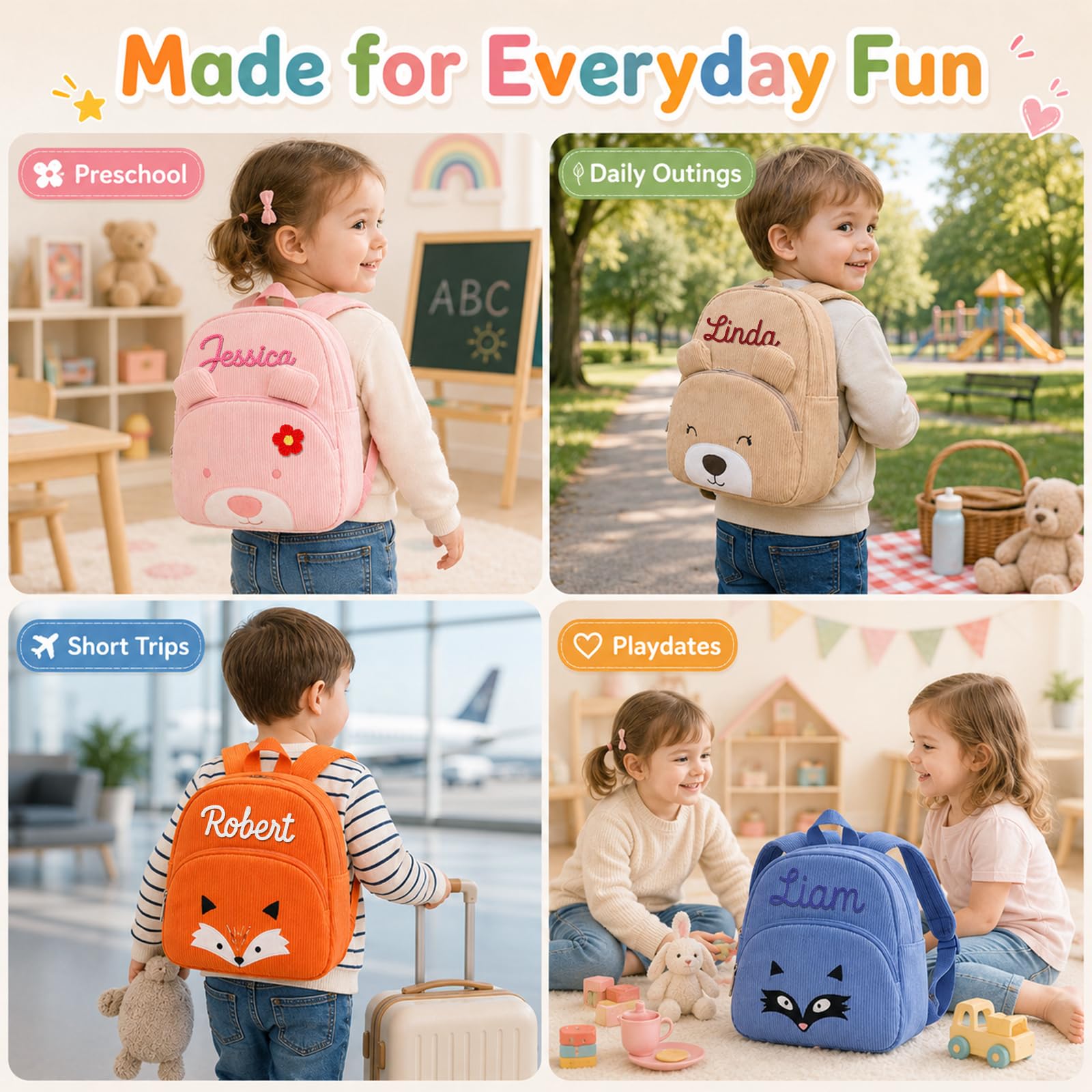 Personalized Mini Backpack for Toddler Custom Cute Animals Bag for Little Girls & Boys Lightweight Travel Backpack with Yarn Name for Kids Christmas Birthday Gifts Children