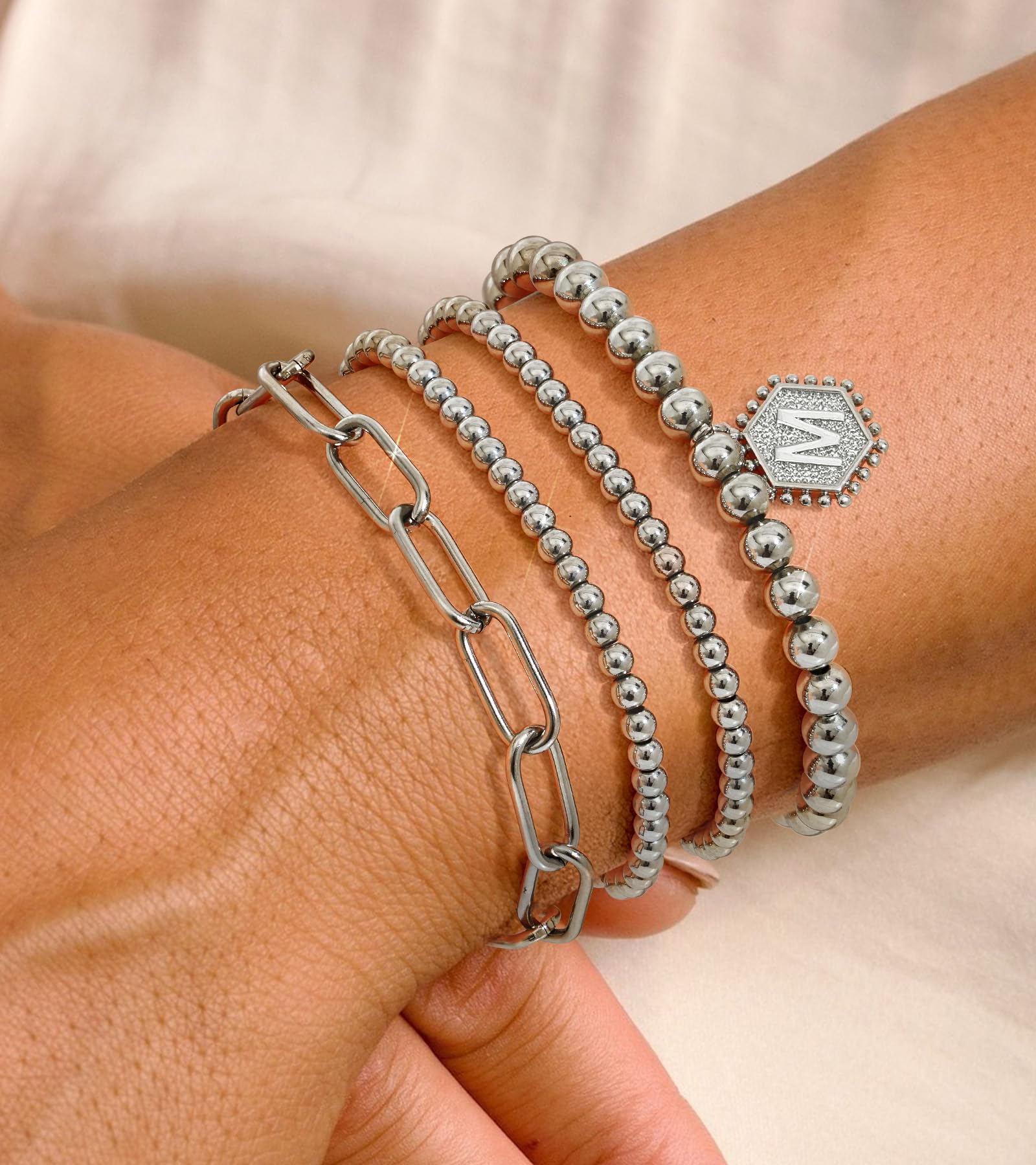 doubgood Gold Bracelets for Women, 14K Gold Plated Stackable Initial Beaded Bracelet with Letter Pendant Waterproof Stretch Trendy Stack Jewelry Set Gifts for Mom Christmas