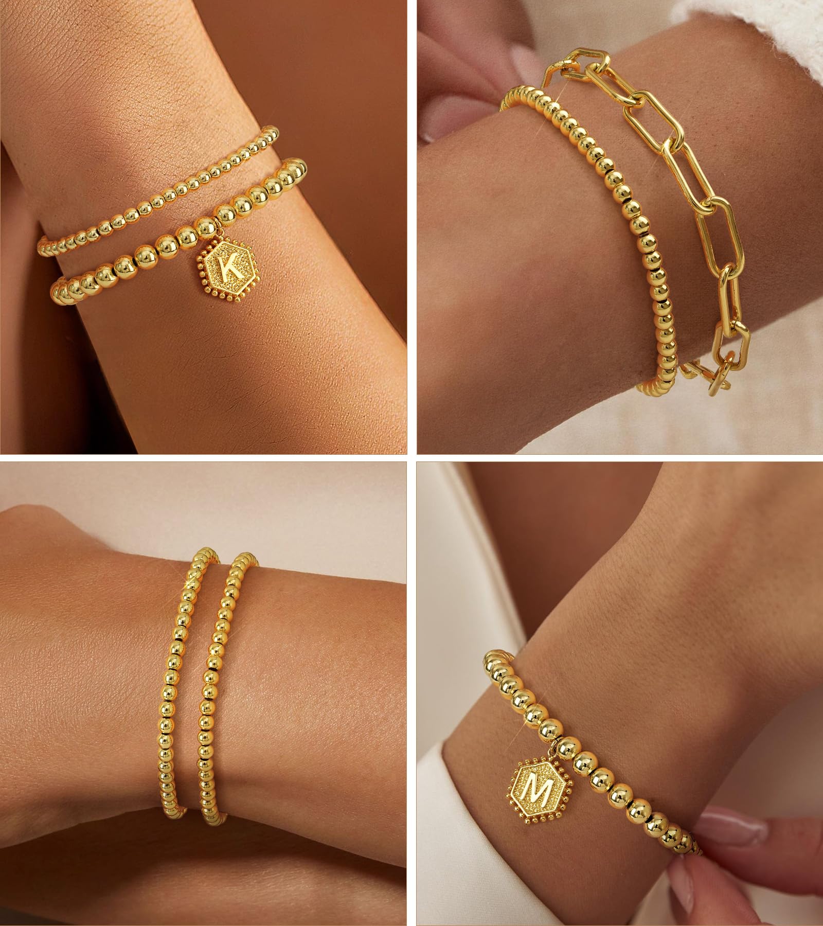 doubgood Gold Bracelets for Women, 14K Gold Plated Stackable Initial Beaded Bracelet with Letter Pendant Waterproof Stretch Trendy Stack Jewelry Set Gifts for Mom Christmas
