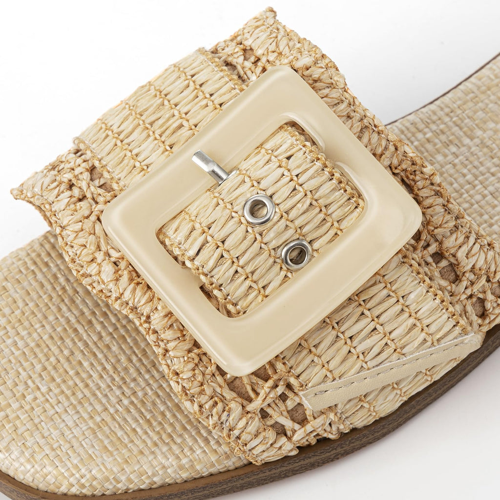 Rihero Women's Raffia Flat Sandals Square Open Toe Summer Beach Slip On Woven Buckle Slide Sandals