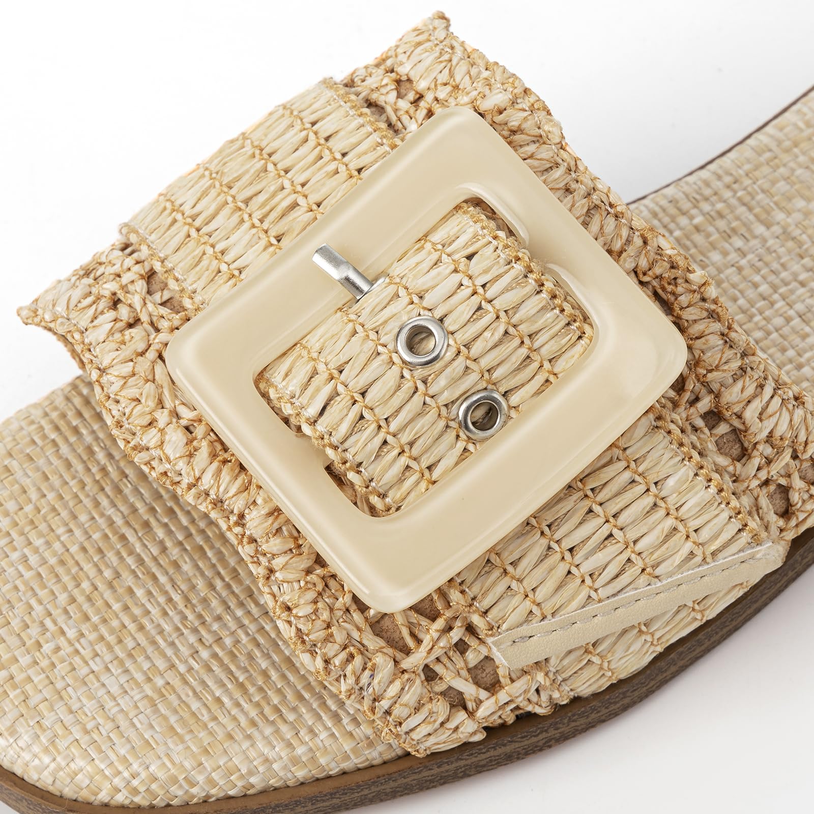 Rihero Women's Raffia Flat Sandals Square Open Toe Summer Beach Slip On Woven Buckle Slide Sandals